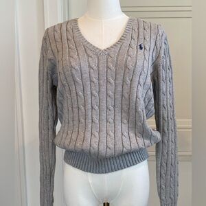Ralph Lauren Polo Cable Knit V-Neck Sweater Heather Gray Size Medium